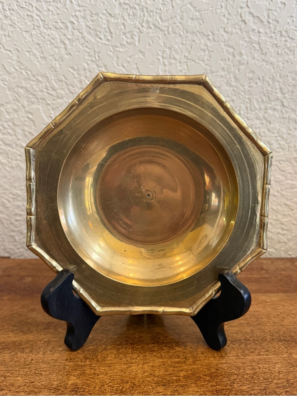 Brass Tone Octagonal Shallow Dish Faux Bamboo Rim 7” Decorative Catchall
